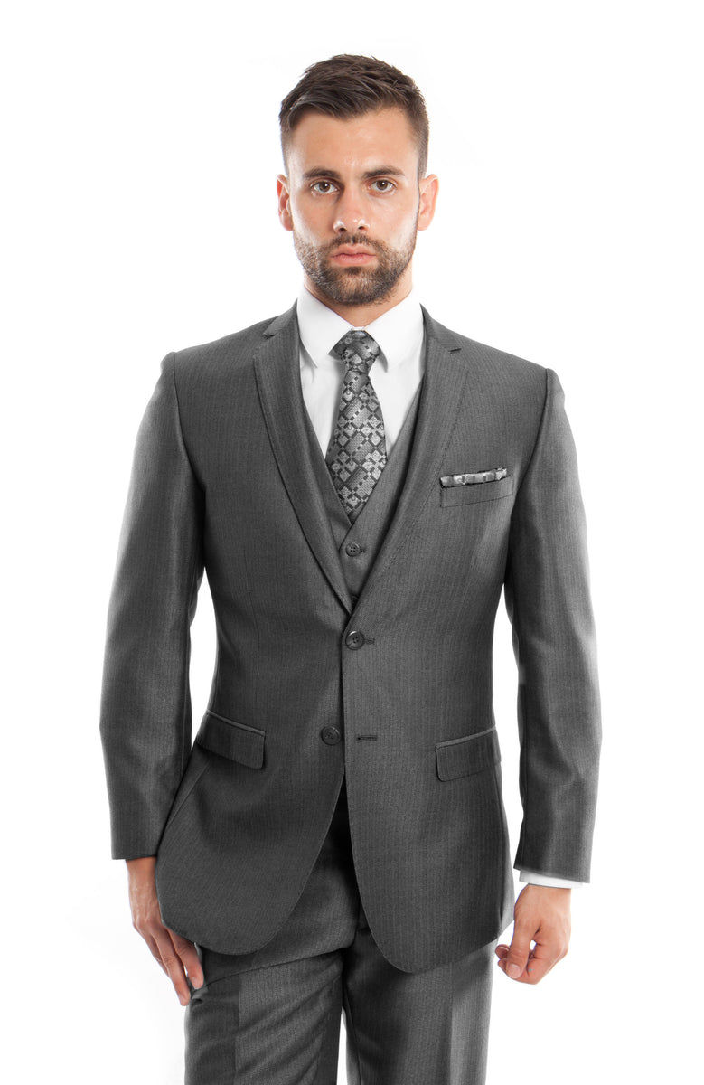 D. Gray Textured Pattern 3-PC Slim Fit Performance Stretch Suits For M ...