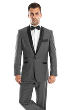 Load image into Gallery viewer, Gray / Black Solid with Black Shawl Collar Trim 2-PC Slim Fit Suits For Men
