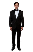 Load image into Gallery viewer, Black / Black Satin Bryan Michaels Peak Lapel Tuxedo Solid Slim Fit Prom Tuxedo For Men MT182S-01
