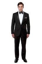 Load image into Gallery viewer, Black / Black Satin Bryan Michaels Satin Peak Lapel With Trim Tuxedo Solid Slim Fit Prom Tuxedo For Men MT187S-01
