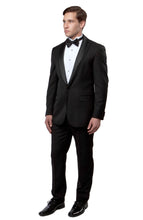 Load image into Gallery viewer, Black / Black Satin Bryan Michaels Peak Lapel Trim/Satin Shawl Collar Tuxedo Solid Slim Fit Prom Tuxedo For Men MT188S-01
