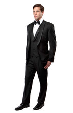 Load image into Gallery viewer, Black / Black Satin Bryan Michaels Shawl Collar Trim/ Peak Lapel Tuxedo Solid Slim Fit Prom Tuxedo For Men MT239S-00
